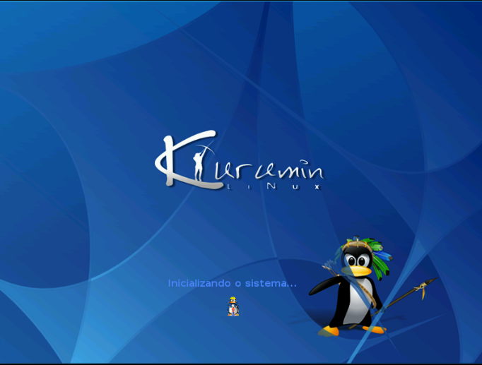 Fundo em diversos tons de azul em diversas luminosidades, como se fossem vários planos que se movimentam em curvas e se interpenetram em todas as direções. No meio da imagem aparece o nome Kurumin Linux escrito em branco. Essa é a marca da distribuição. A letra "k" é estilizada, lembrando um arco esticado. Há, no pé da letra "k" uma pessoa indígena com arco e flecha apontando para cima. As demais letras são desenhadas, um pouco tortas. Abaixo à direito há o desenho de um pinguim com cocar de cacique indígena. Ele segura uma lança e leva uma quantidade de flechas nas costas. Está com o peito estufado, em uma atitude que revela coragem, segurança, força. Encontra-se perfeitamente ajustado ao espaço formado pelos planos que se entrecruzam. Um desses planos forma o chão em que ele pisa e onde sua sombra é projetada. Na parte baixa, ao centro, à esquerda do pinguim, lemos a linha "inicializando o sistema" em azul claro. Abaixo desta linha um outro pinguinzinho bem pequeno com um capacete de construção civil e uma britadeira.